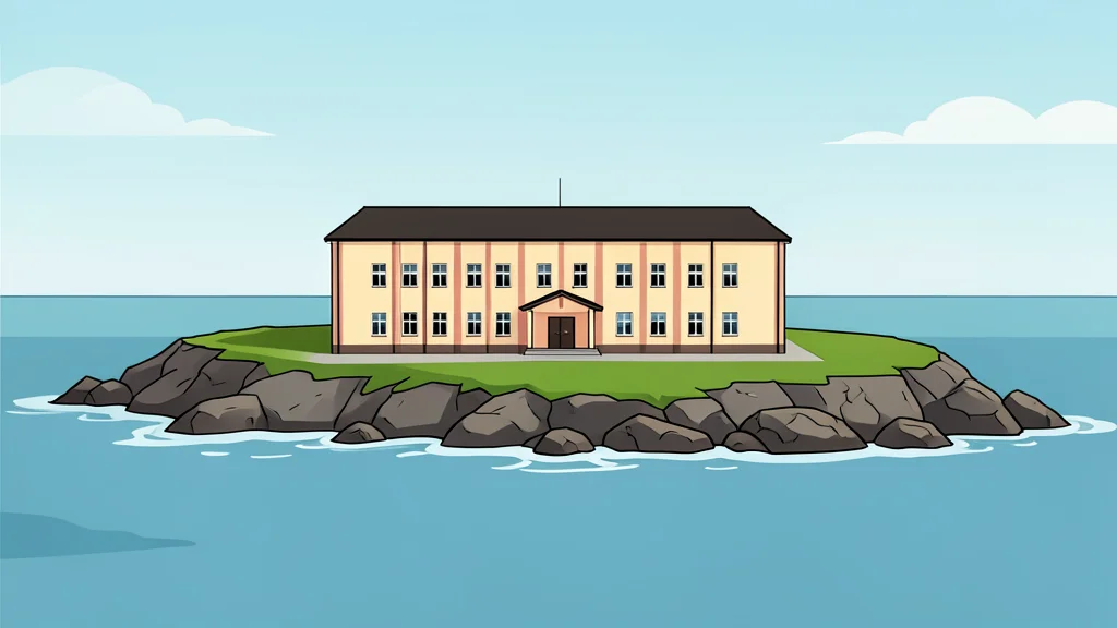 A solitary military barracks building situated on a rocky, isolated coastline surrounded by calm sea water