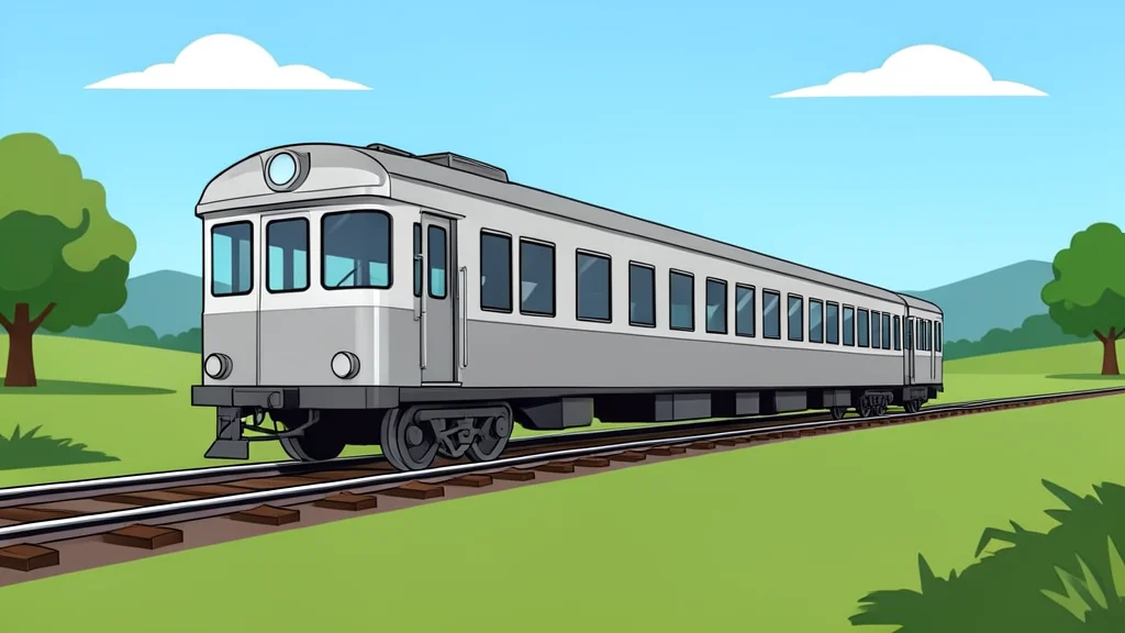 A steel passenger train carriage moving along a railway track through a rural landscape