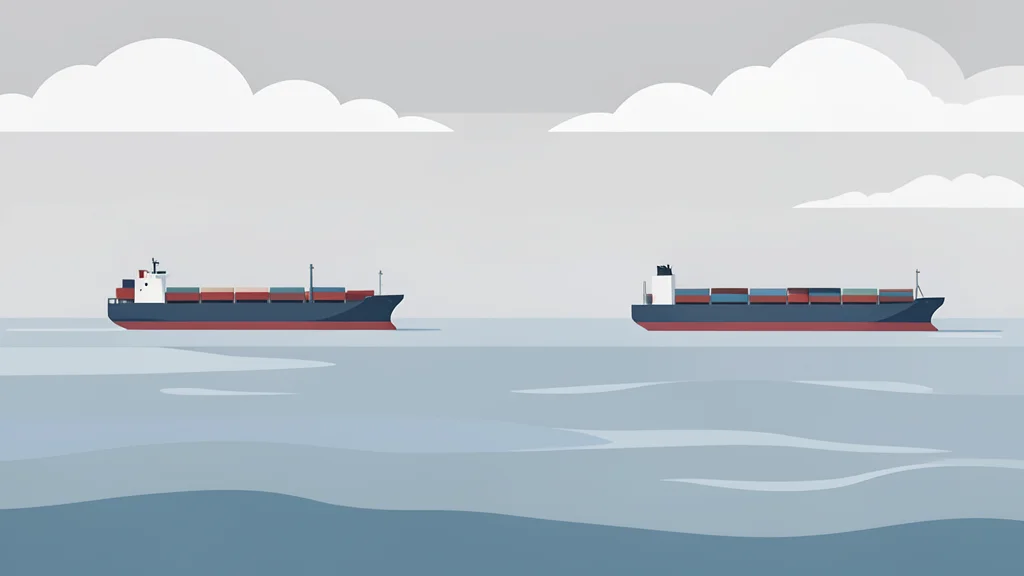 A calm harbor with cargo ships anchored in the distance under a cloudy sky