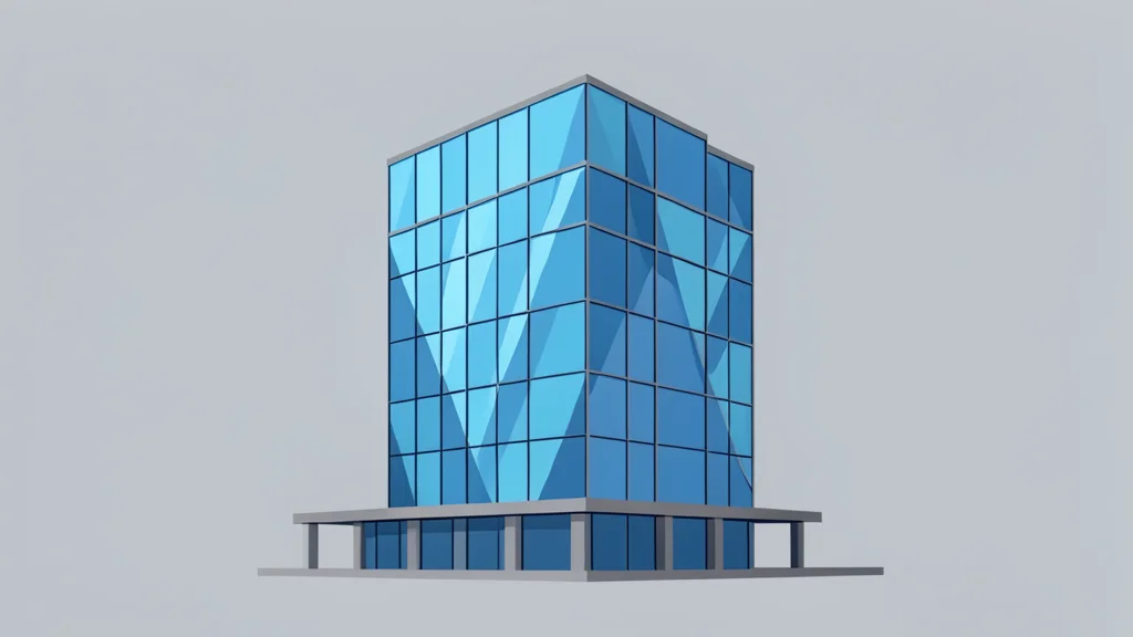 A modern glass office building with a geometric facade