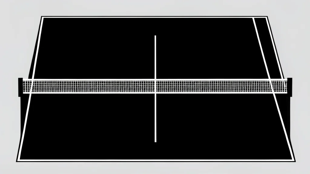 A stylized black tennis court with white lines and a net in the center.