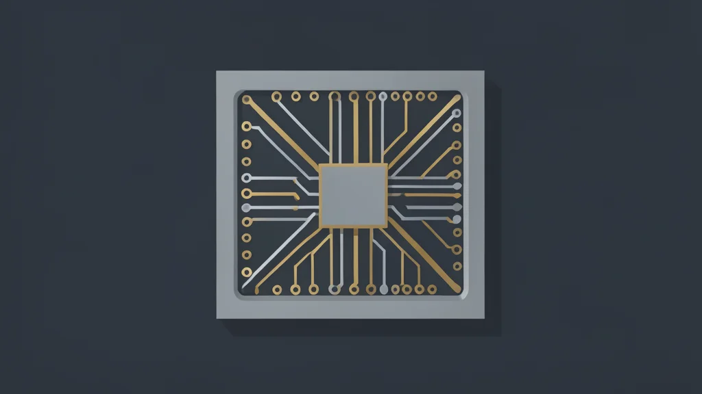 A close-up of a square silicon microchip with intricate metallic circuit patterns etched into its surface, resting on a dark matte background.