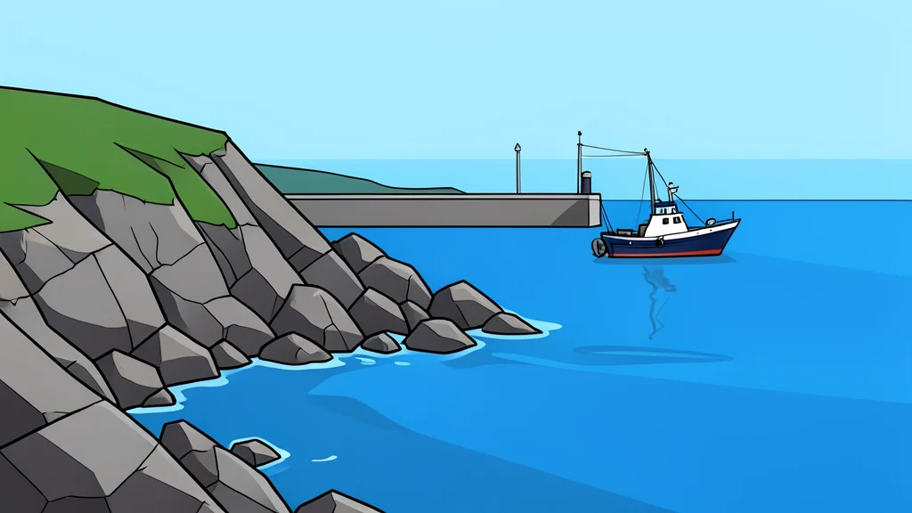 A rocky coastline meeting the sea with a fishing boat anchored in the harbor