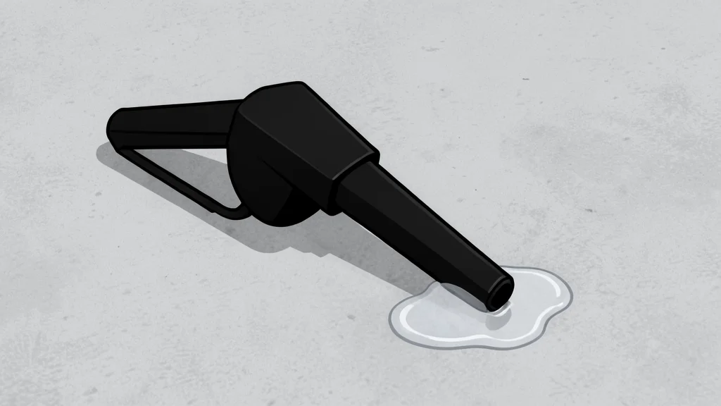 A fuel pump nozzle resting on a concrete surface next to a puddle of liquid