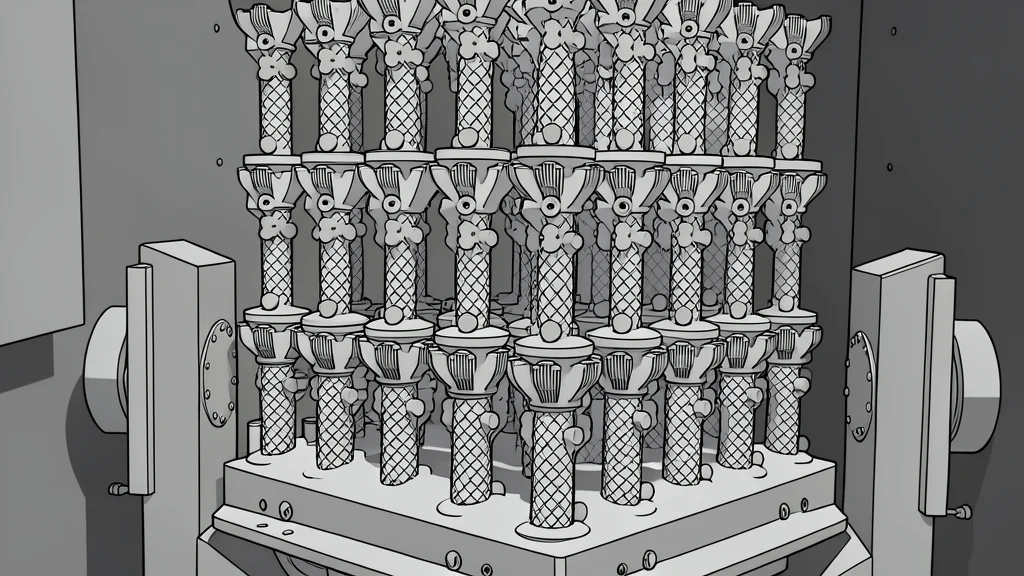 A complex metal valve unit with intricate internal channels sitting on a workshop bench