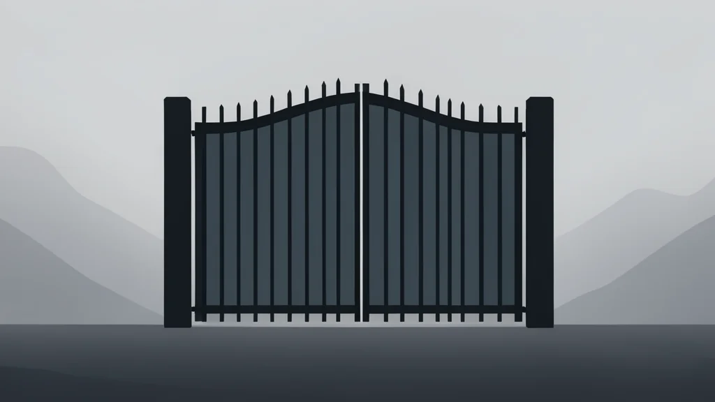 A heavy iron gate standing closed in a foggy landscape