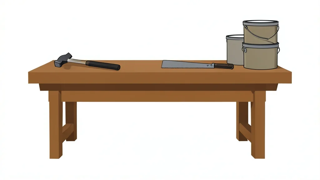 A wooden workbench with hand tools and a stack of paint cans
