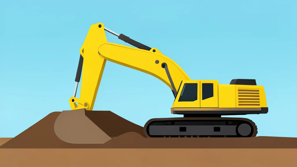 A massive yellow excavator arm resting on a dirt construction site