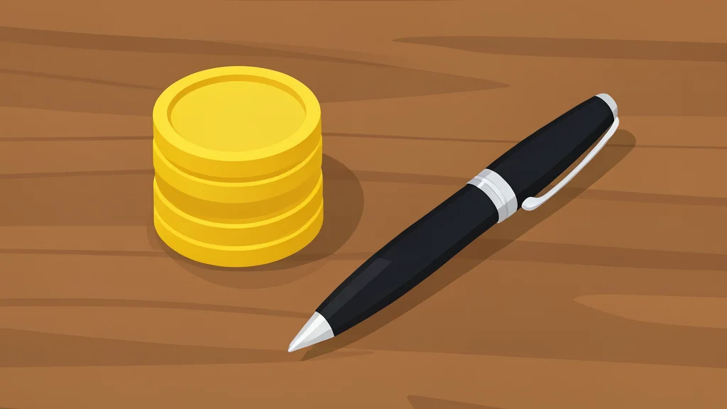 A stack of gold coins next to a fountain pen on a wooden desk