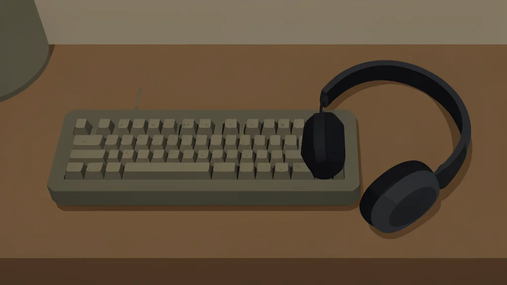 A dimly lit office desk with a mechanical keyboard and a pair of headphones resting on a wooden surface