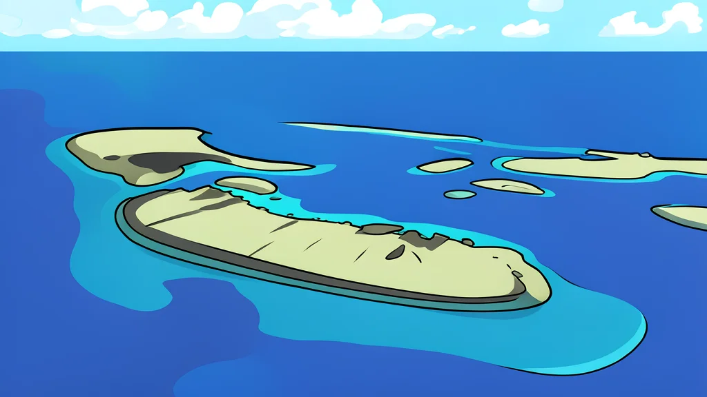 A rocky coral atoll rising from deep blue ocean water