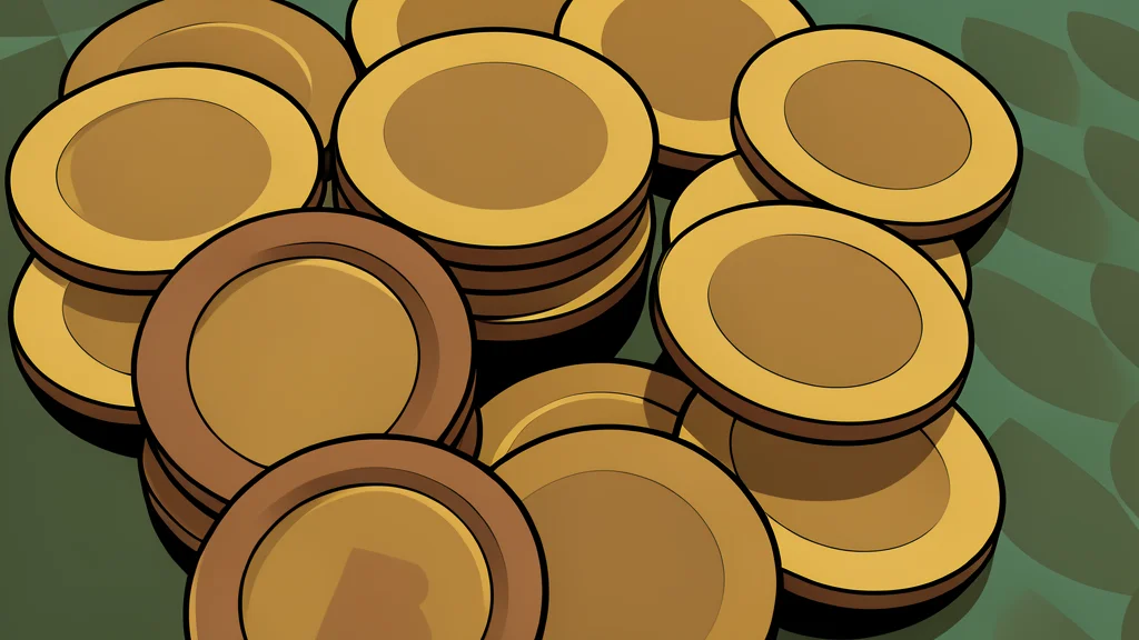 A digital coin resting on a wooden desk next to a gavel