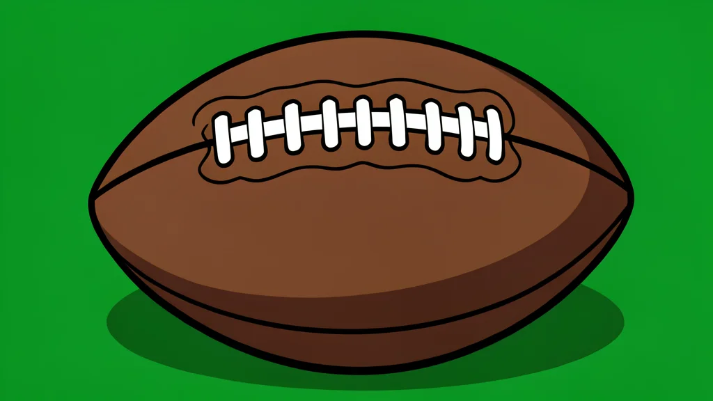 A green football field with white yard lines and a brown leather football resting on the grass