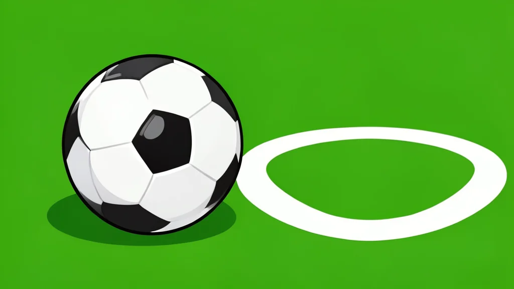 A soccer ball resting on the grass near a penalty spot