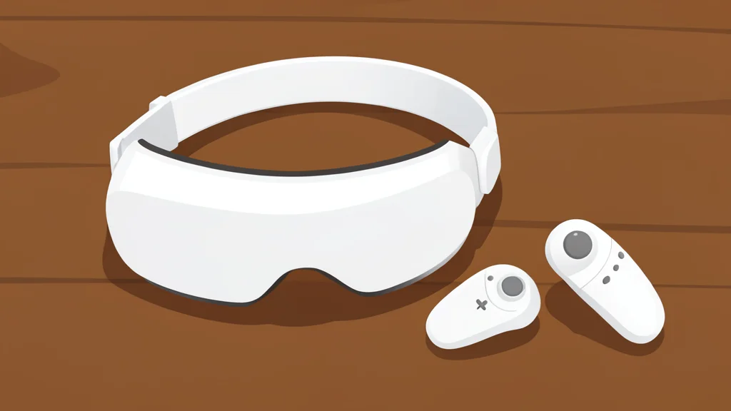 A virtual reality headset resting on a wooden table next to a pair of motion controllers