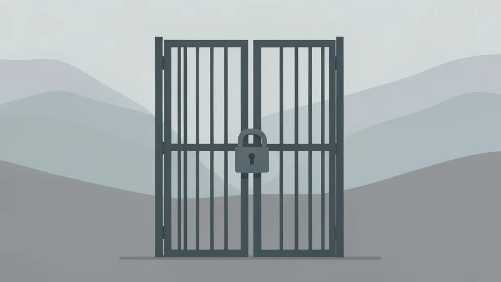 A heavy metal gate with a padlock standing in a misty landscape