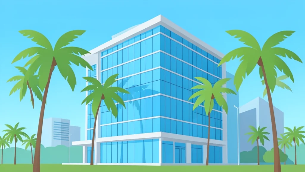 A modern office building in a tropical city with palm trees in the foreground