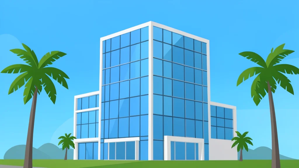 A modern office building in a tropical city with palm trees in the foreground