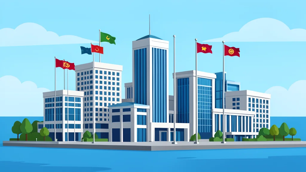 A cluster of modern government buildings with flags flying on poles in a coastal city setting