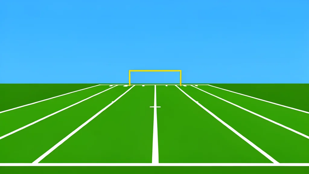 A green football field with white yard lines and goalposts in the distance