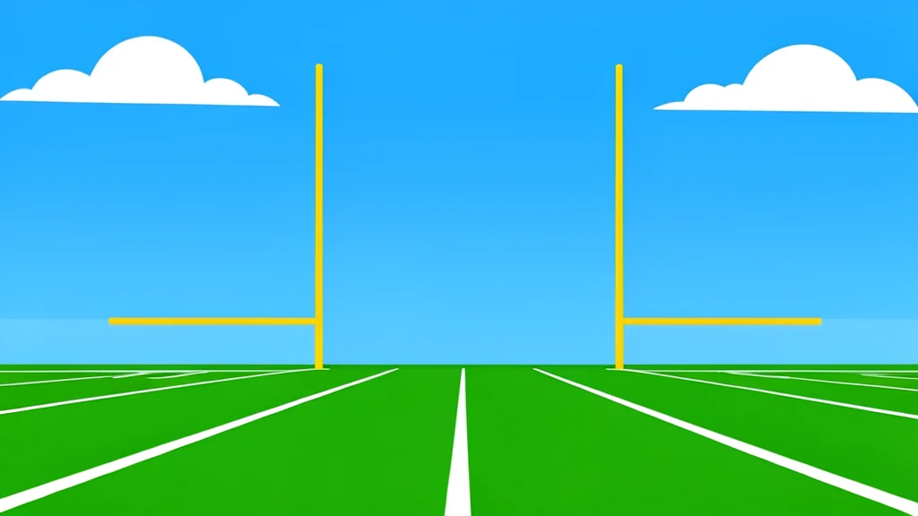 A green grass football field with white yard lines and goalposts in the distance