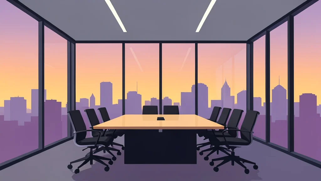 A modern glass-walled conference room with a long table and chairs, overlooking a city skyline at dusk