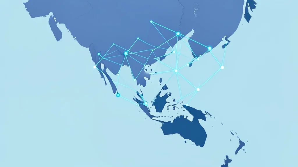 A network of interconnected digital nodes floating over a stylized map of Southeast Asia