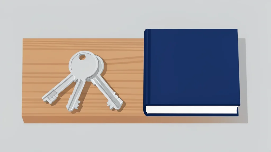 A stack of metal keys resting on a wooden table next to a closed book