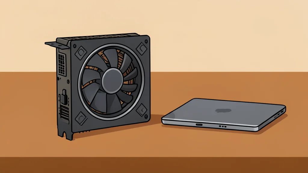 A high-end graphics card with a large memory chip and cooling fan, resting on a wooden desk next to a closed laptop.