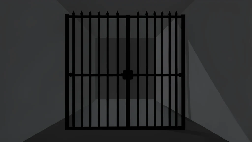 A heavy iron gate with vertical bars standing in a dimly lit corridor