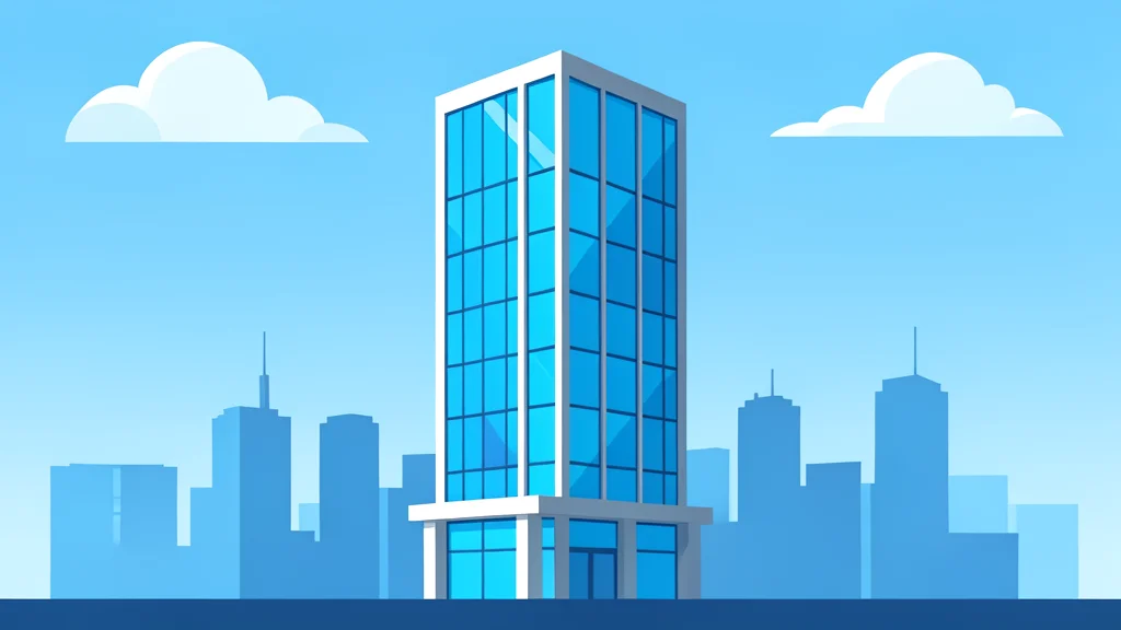 A modern glass office building with a view of a city skyline