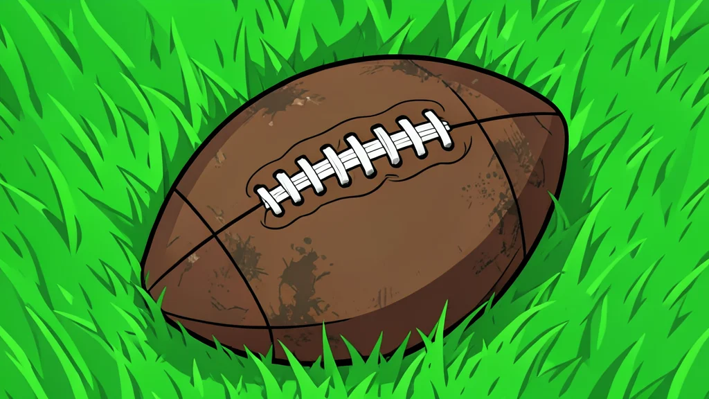 A worn leather American football resting on green grass