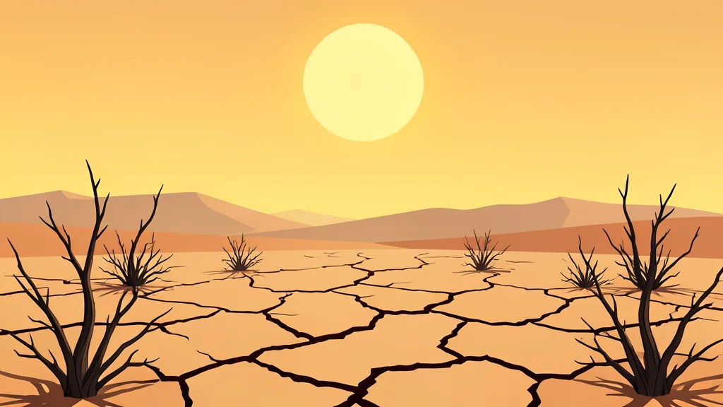 A dry, cracked desert landscape with sparse, withered vegetation under a harsh sun