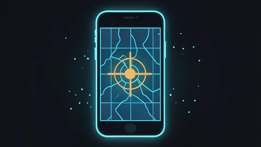 A glowing smartphone screen displaying a tactical map interface with a grid overlay and a central crosshair symbol, set against a dark background with subtle digital particle effects.