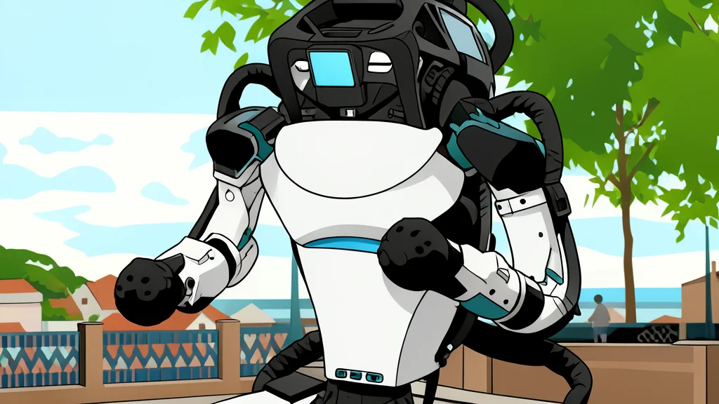 A flat-vector illustration of a bipedal humanoid robot standing on a polished industrial factory floor under overhead lights.