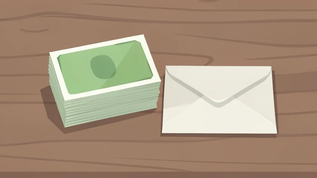 A stack of paper currency notes and a sealed envelope on a wooden desk