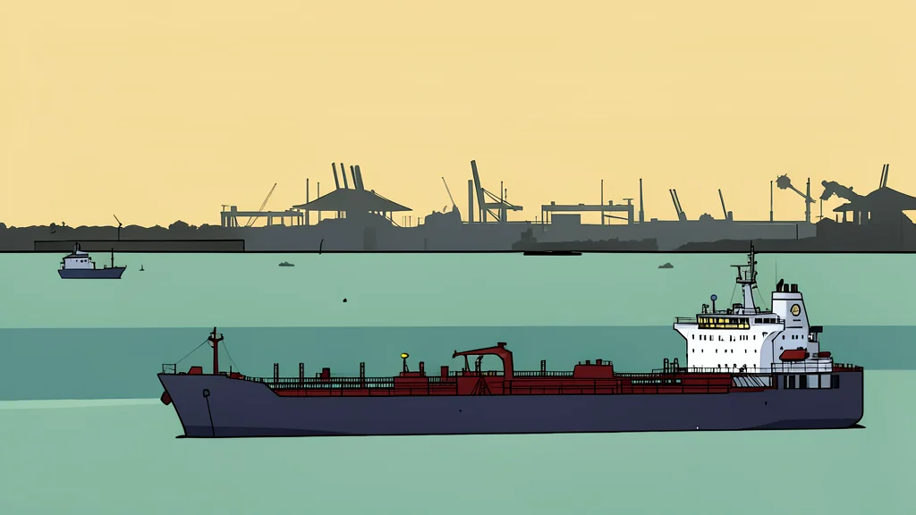 A large oil tanker ship navigating through a narrow, rocky strait.