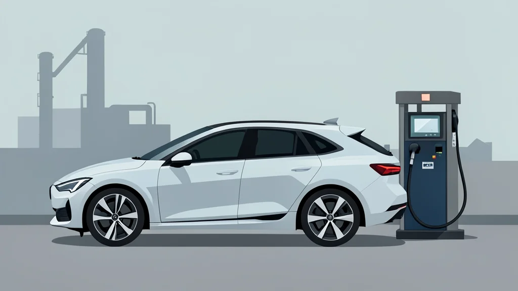 A sleek, modern electric vehicle parked next to a hydrogen fueling station pump in a quiet industrial setting
