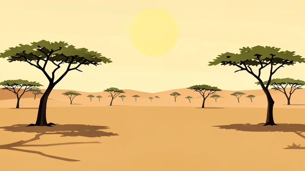 A dry, sandy landscape with sparse acacia trees under a harsh sun