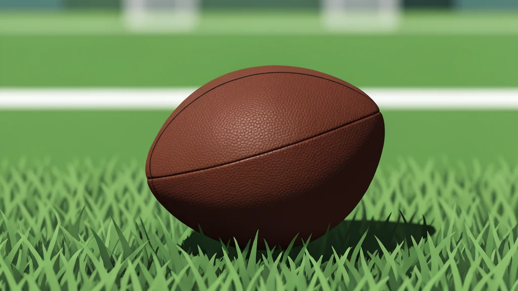 A green football field with white yard lines and a brown leather football resting on the grass