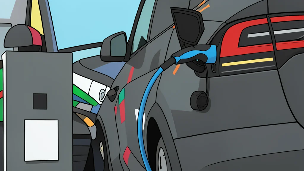 A modern electric vehicle charging station with a cable plugged into a car port, set against a clean urban street background.