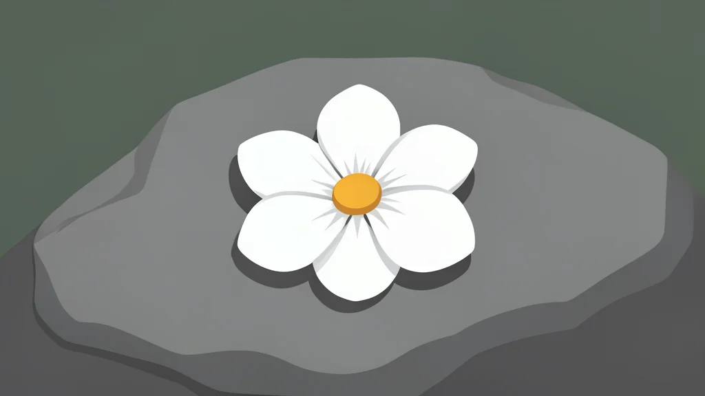 A single white flower resting on a rough stone surface