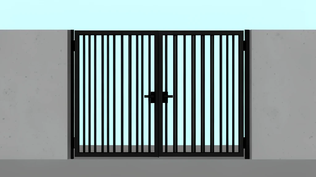 A closed iron gate of a detention facility standing against a grey concrete wall