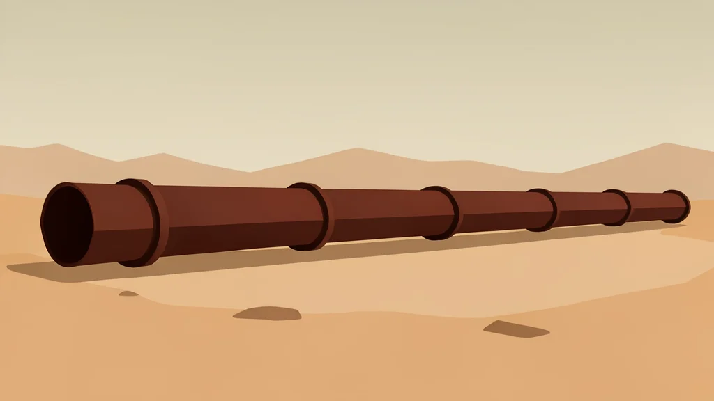 A long, rusted steel pipeline stretching across a dry, sandy desert landscape under a hazy sky.