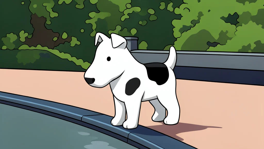 A stylized silhouette of a cow with a dog's head standing on a grassy field
