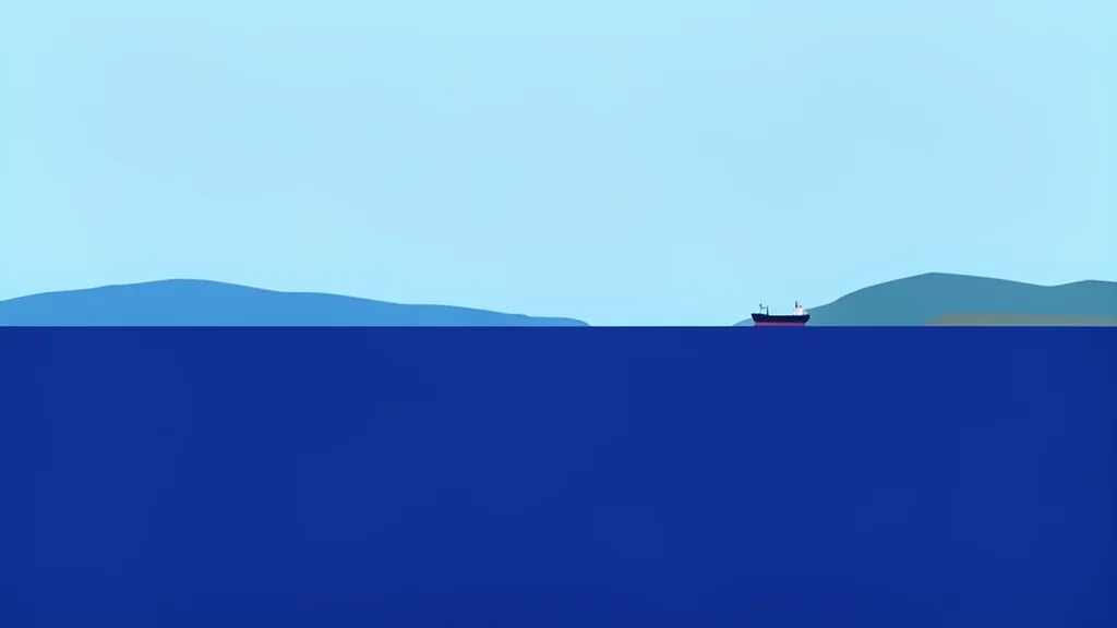A calm stretch of deep blue sea with a distant coastline and a single cargo ship on the horizon