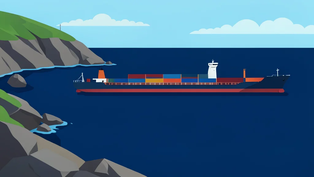 A cargo ship floating on dark blue ocean water near a rocky coastline