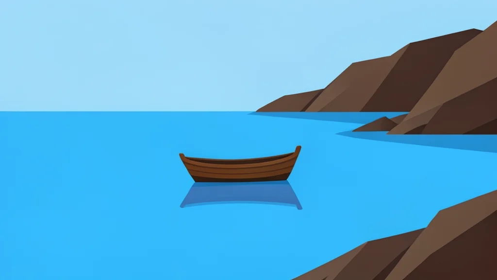 A small wooden boat floating on calm blue water near a rocky coastline