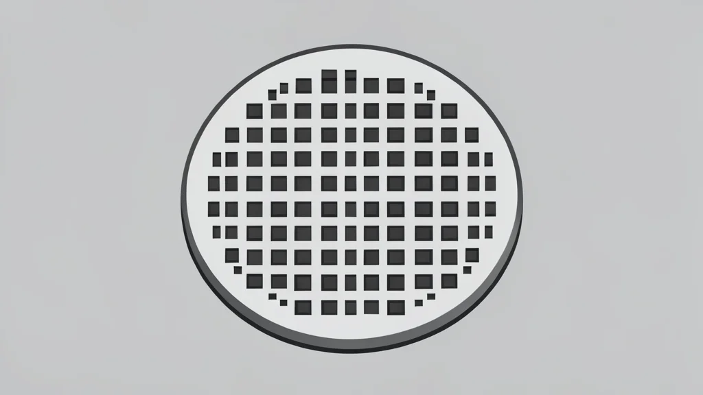 A close-up view of a silicon wafer with a grid of square chips, resting on a clean laboratory surface.