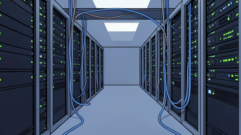 A modern telecommunications server room with rows of blinking lights and fiber optic cables